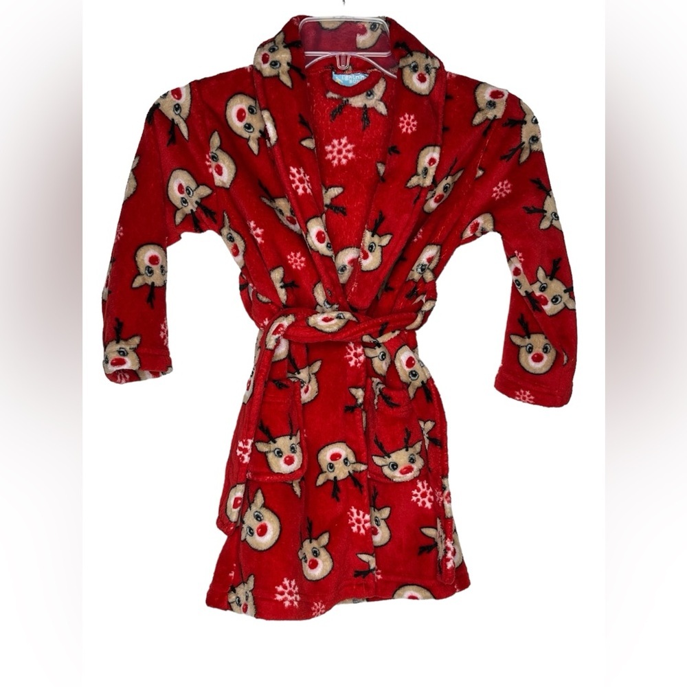 Lightning Bug Red Reindeer Snowflake Toddler Girls XS 4/5 Robe With Belt‎